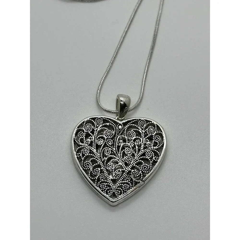 Filigree Heart Pendant Necklace Silver Tone Cottagecore Romantic